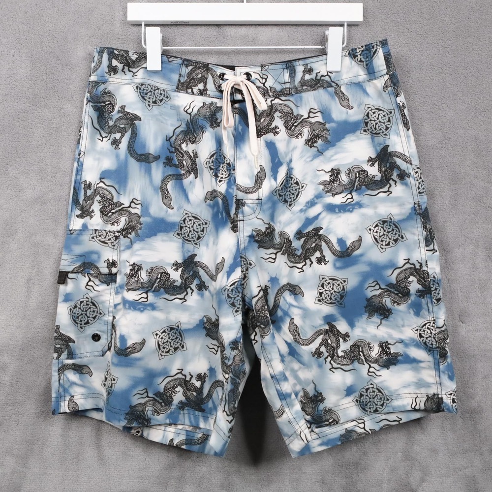 VTG 90s Dragon Board Shorts Surf Swim Y2K Skater Cargo Beach Oriental Mens Sz 36